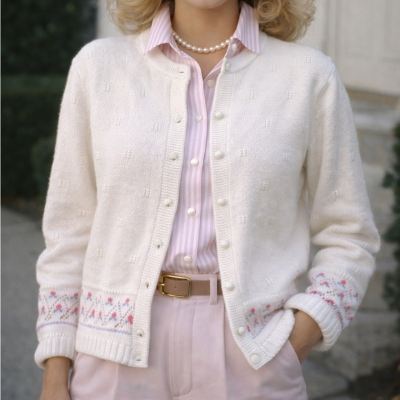 Vintage 70’s Billie Jo Women’s White Cardigan Sweater Floral Grandma Core Preppy - Picture 1 of 4